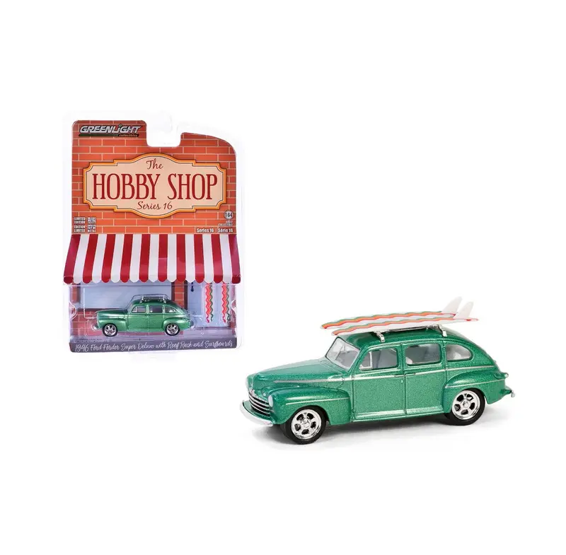 Greenlight Collectibles - 1946 Ford Fordor Super Deluxe Green Metallic with Rack with Surfboards - Series Hobby Shop - Scala 1/64