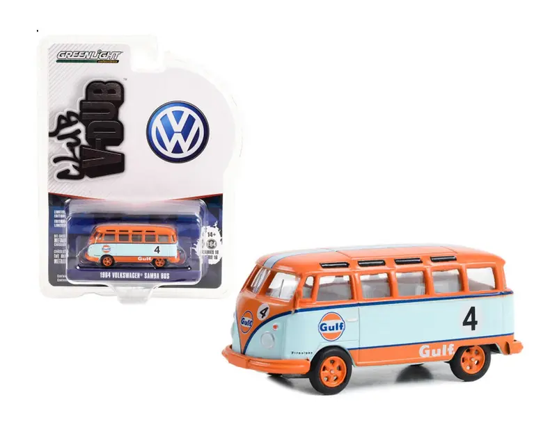Greenlight Collectibles - 1964 Volkswagen T1 Samba Bus #4 Light Blue and Orange "Gulf Oil Racing" - Club V-Dub - Scala 1/64