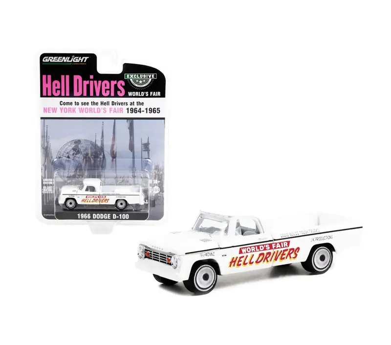 Greenlight Collectibles - 1966 Dodge D-100 Pickup Truck White "Hell Drivers" "New York World's Fair" (1964-1965) - Hobby Exclusive - Scala 1/64