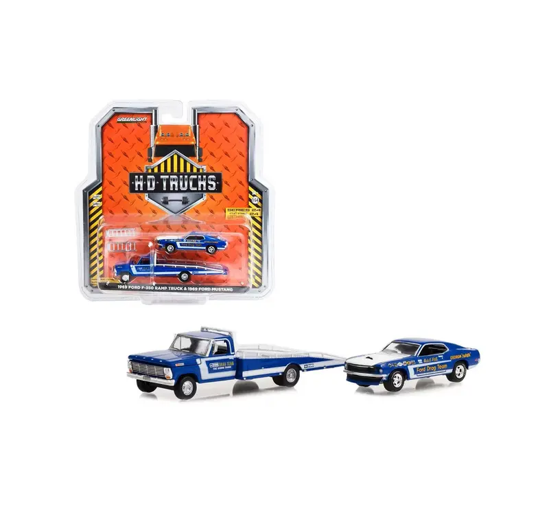 Greenlight Collectibles - 1969 Ford F-350 Ramp Truck Blue "The Going Thing" and 1969 Mustang Blue "Ford Drag Team" - Series HD Trucks - Scala 1/64