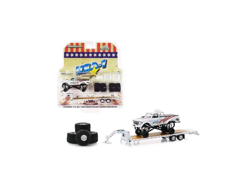 Greenlight Collectibles - 1970 Chevy K-10 "USA-1" Monster Truck on Gooseneck Trailer with Regular and 66" Tires replacement set - Scala 1/64