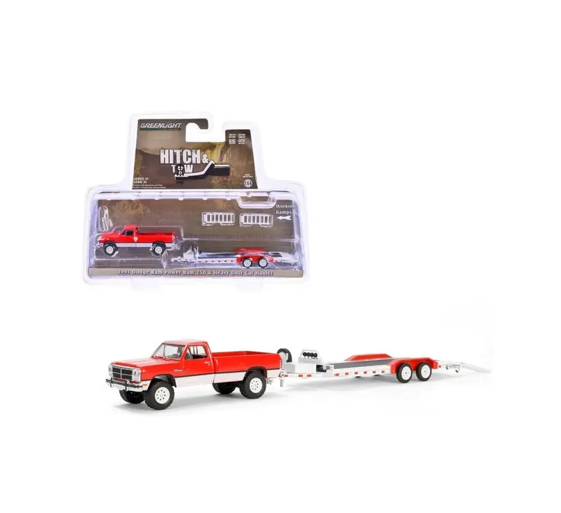Greenlight Collectibles - 1991 Dodge Ram Power Ram 250 with Heavy Duty Car Hauler - Hitch & Tow - Scala 1/64