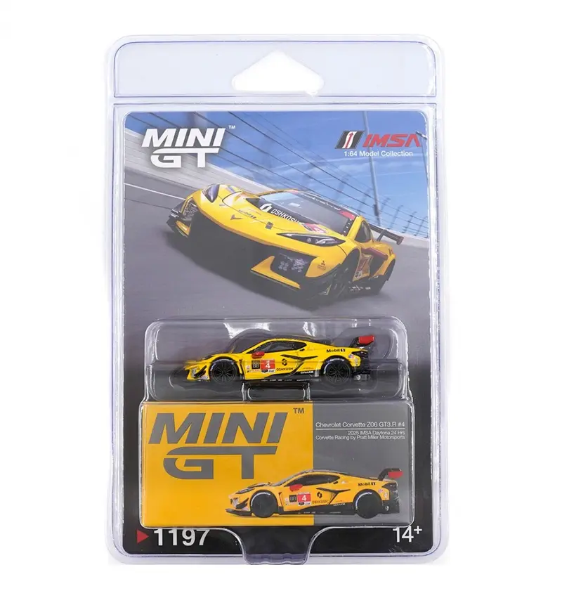 Mini GT - Chevrolet Corvette Z06 GT3.R #4 Corvette Racing by Pratt Miller Motorsports 2025 - Scala 1/64 MGT01197-BL Blister Packaging