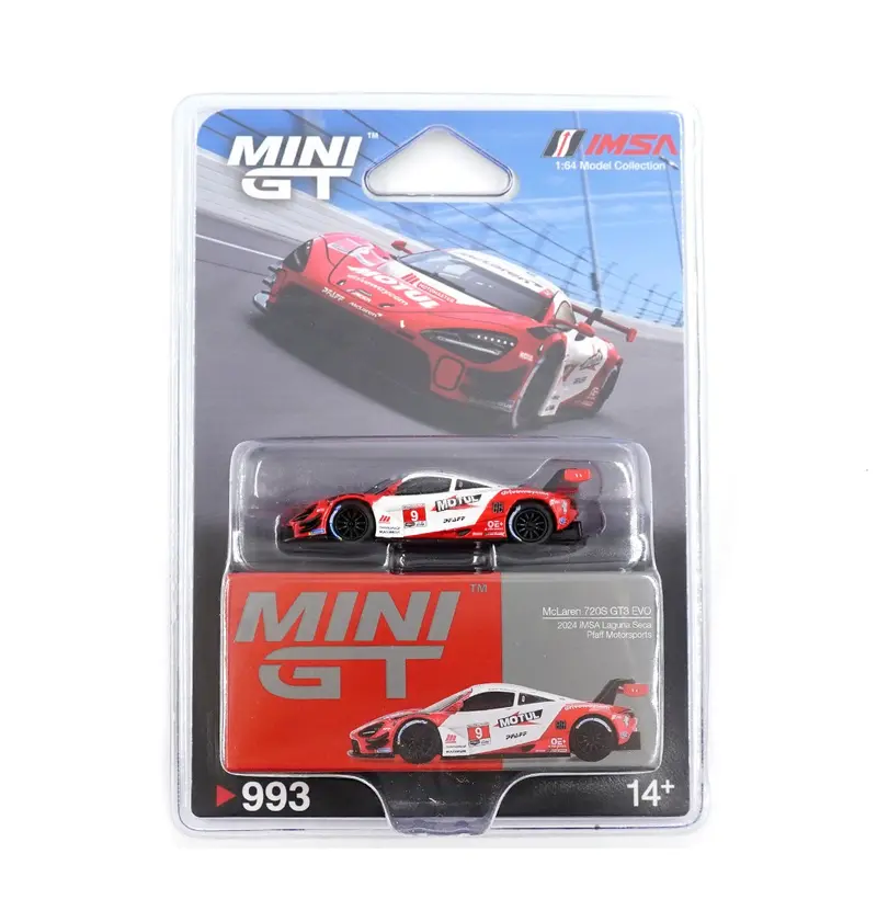 Mini GT - McLaren 720S GT3 Evo Pfaff Motorsports 2024 IMSA Laguna Seca - Scala 1/64 MGT00993-BL Blister Packaging