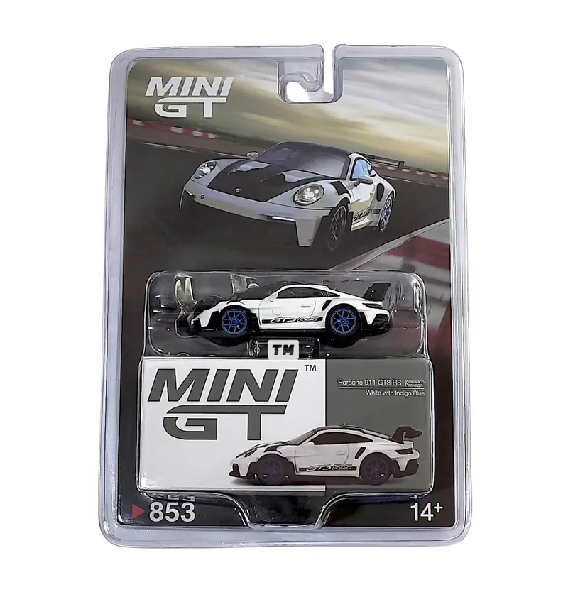 Mini GT - Porsche 911 (992) GT3 RS Weissach Package White with Indigo Blue - Scala 1/64 MGT00853-BL Blister Packaging