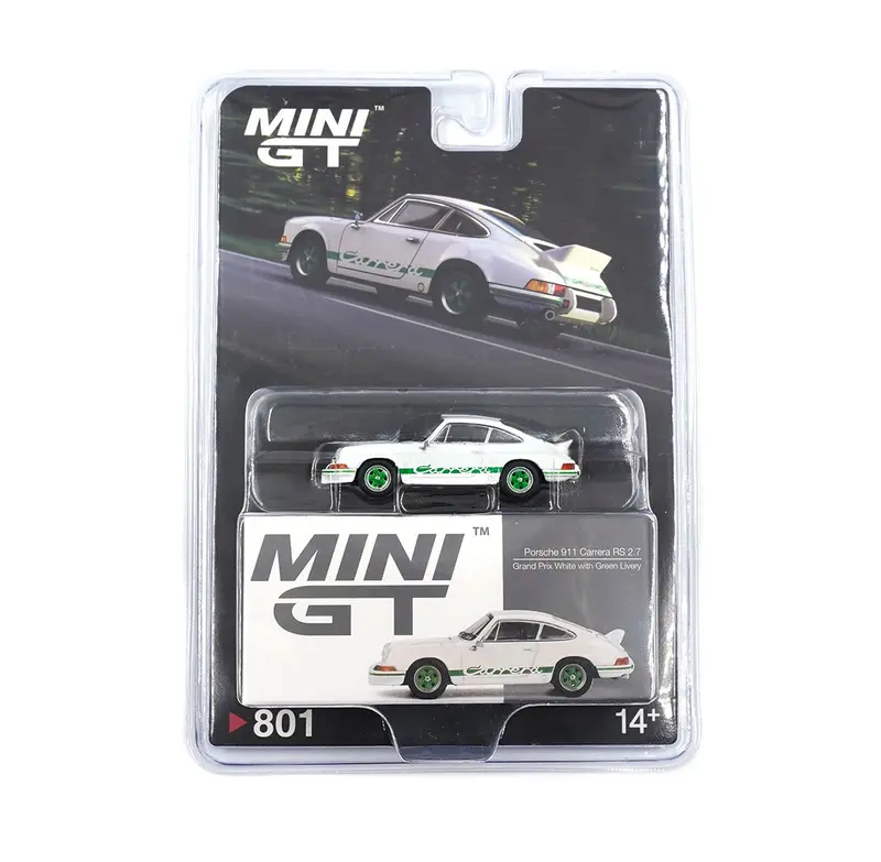 MINI GT - Porsche 911 Carrera RS 2.7 Grand Prix White with Green Livery - Scala 1/64 MGT00801-BL Blister Packaging