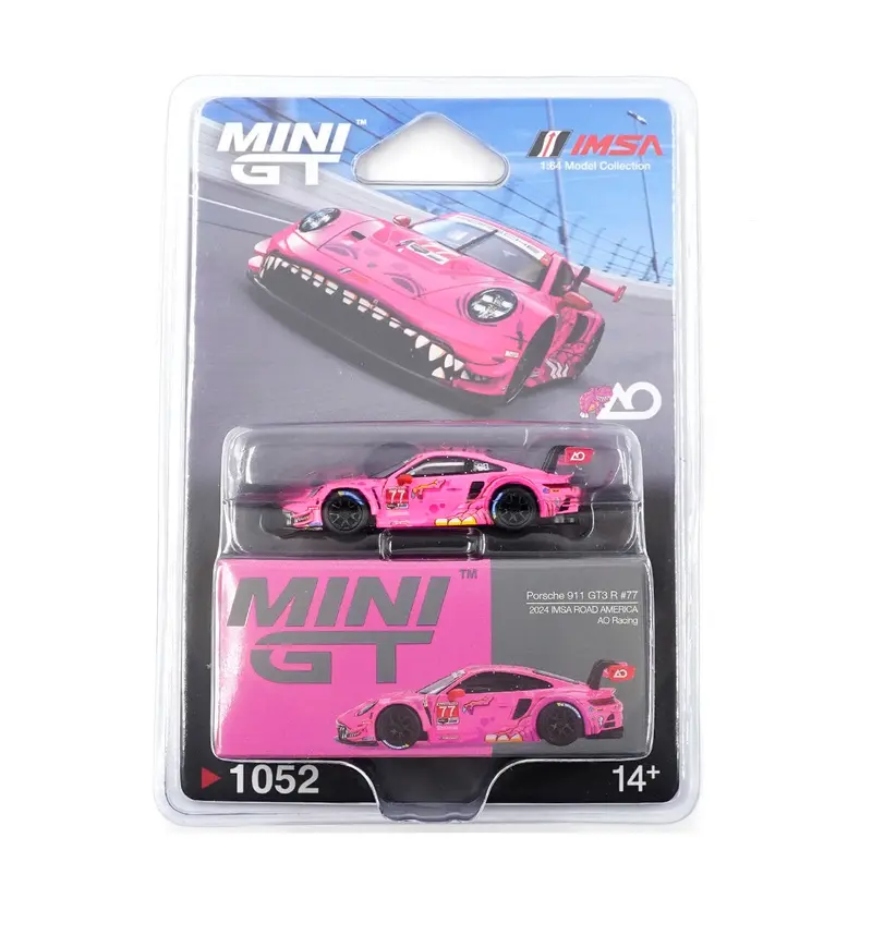 Mini GT - Porsche 911 GT3 R #77 AO Racing 2024 IMSA ROAD AMERICA - Scala 1/64 MGT01052-BL Blister Packaging