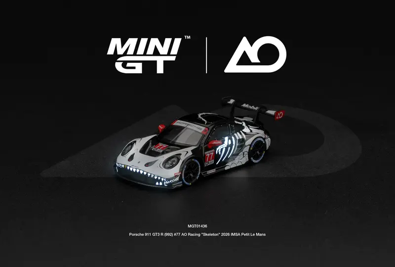 [PRE-ORDER] Mini GT - Porsche 911 GT3 R (992) #77 AO Racing "Skeleton"  2026 IMSA Petit Le Mans 2026 - Scala 1/64 MGT01436-L
