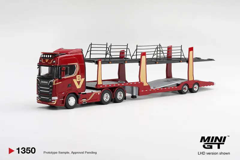 [PRE-ORDER] Mini GT - Scania 770S A6x4NA Car Transporter V8 50th anniversary + Car transporter Red - Scala 1/64 MGT01350-L
