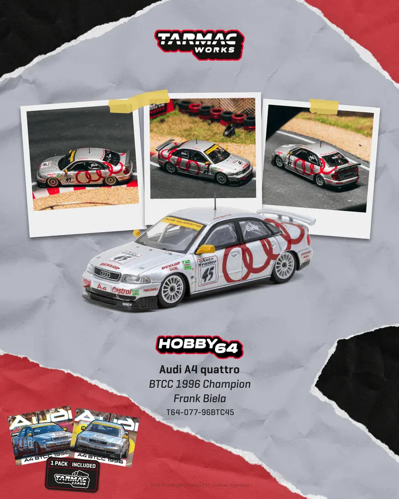 [PRE-ORDER] Tarmac Works - AUDI A4 QUATTRO Frank Biela BTCC Champion 1996 with Trading Cards Combo Set - HOBBY64 - Scala 1/64 T64-077-96BTC45