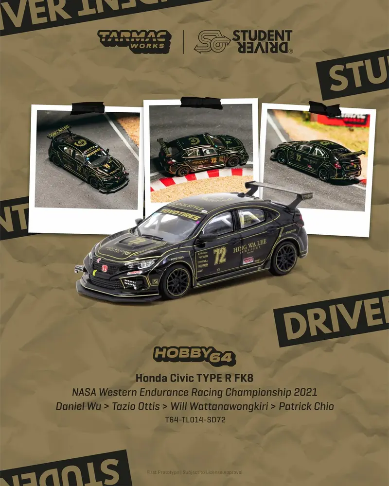 [PRE-ORDER] - Tarmac Works - Honda Civic TYPE R FK8 Black NASA Western Endurance Racing Championship 2021- HOBBY64 - Scala 1/64 T64-TL014-SD72