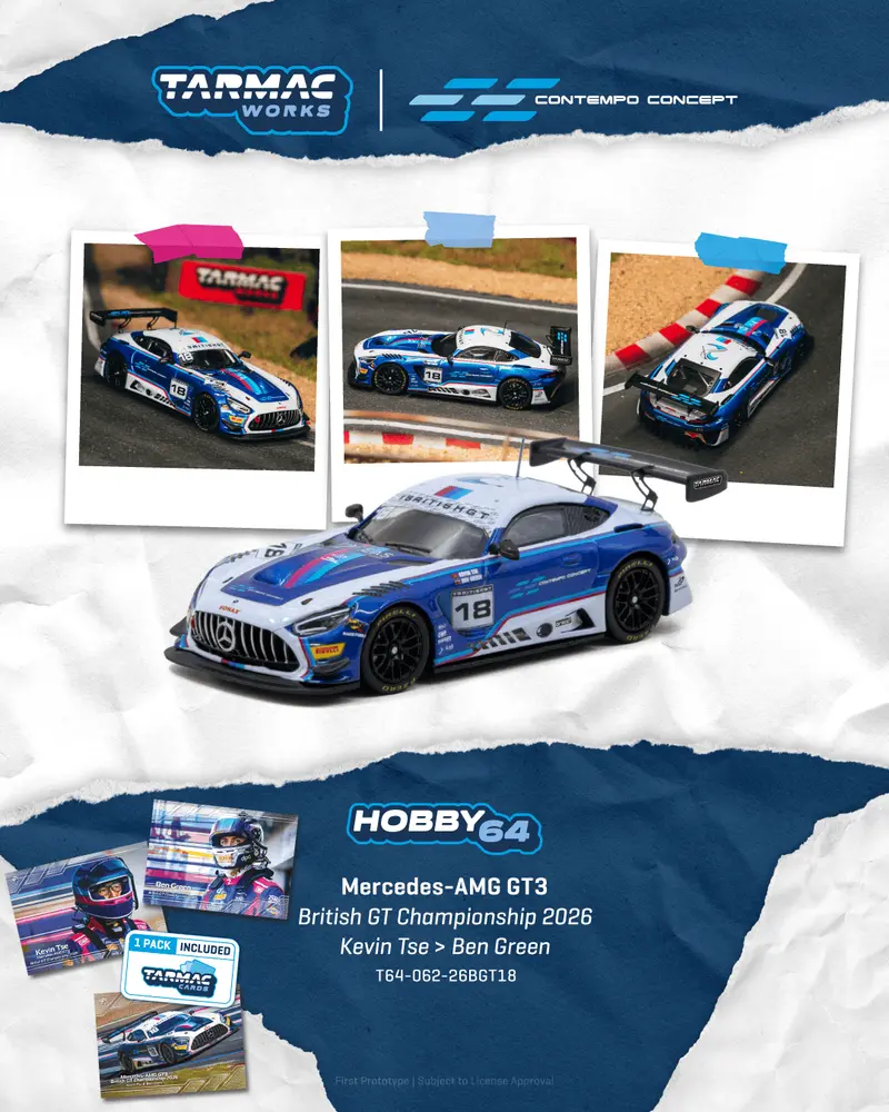 [PRE-ORDER] Tarmac Works - Mercedes-AMG GT3 #18 KEVIN TSE British GT Championship 2026 with trading cards - HOBBY64 - Scala 1/64 T64-062-26BGT18