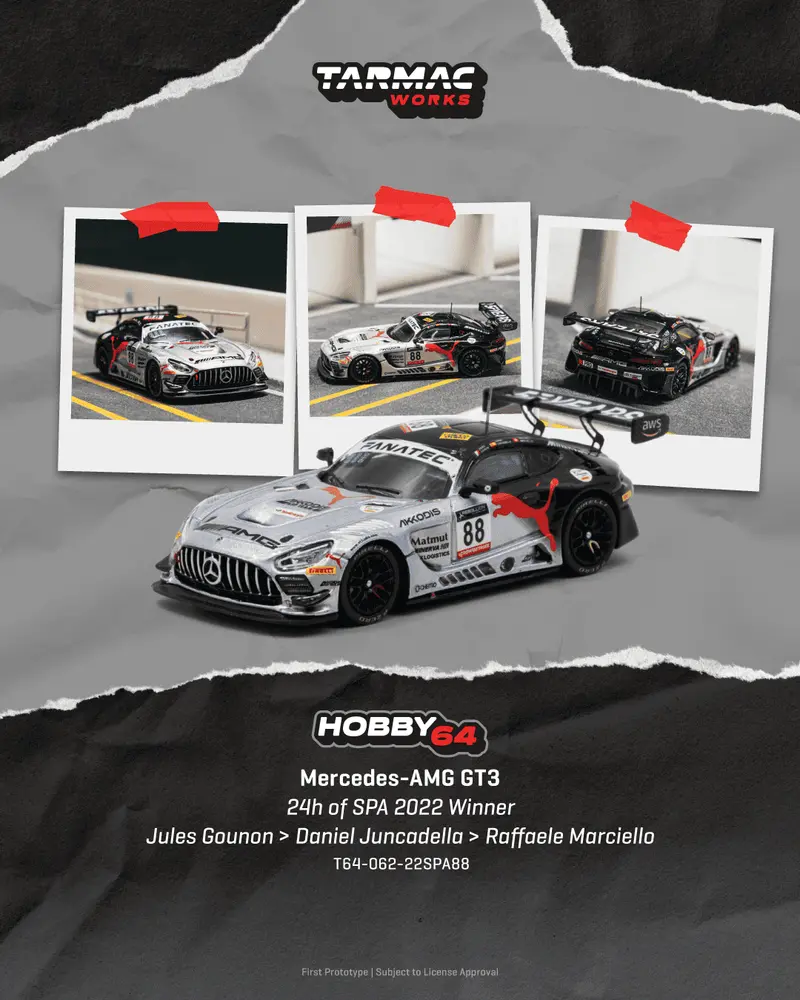 [PRE-ORDER] Tarmac Works - Mercedes-AMG GT3 #88 2022 24H of SPA Winner Jules Gounon - HOBBY64 - Scala 1/64 T64-062-22SPA88