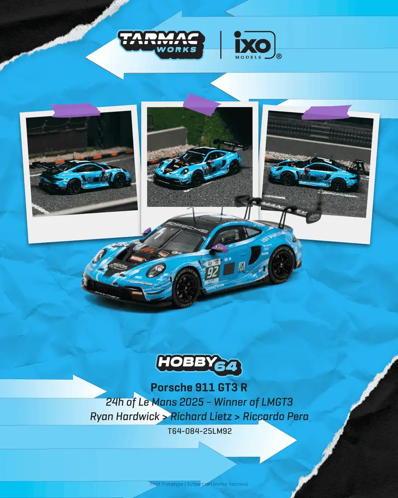 [PRE-ORDER] Tarmac Works - Porsche 911 GT3 R #92 Ryan Hardwick 24h of Le Mans 2025 Winner of LMGT3 - HOBBY64 - Scala 1/64 T64-084-25LM92