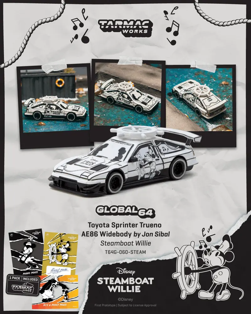 [PRE-ORDER] Tarmac Works - Toyota Sprinter Trueno AE86 Widebody by Jon Sibal Mickey & Friends Steamboat Willie - GLOBAL64 - Scala 1/64 T64G-060-STEAM