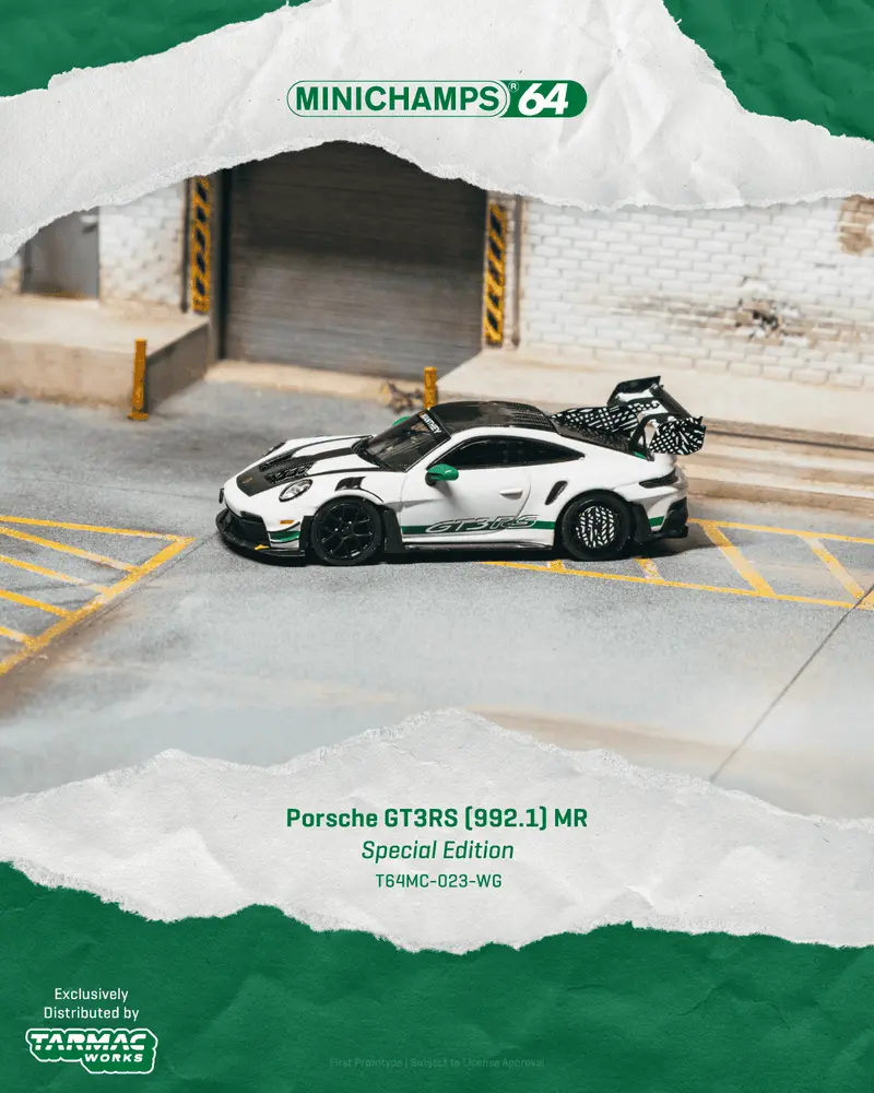 [PRE-ORDER] Tarmac Works x Minichamps - Porsche GT3RS (992.1) MANTHEY RACING White Green 2025 - Scala 1/64 T64MC-023-WG