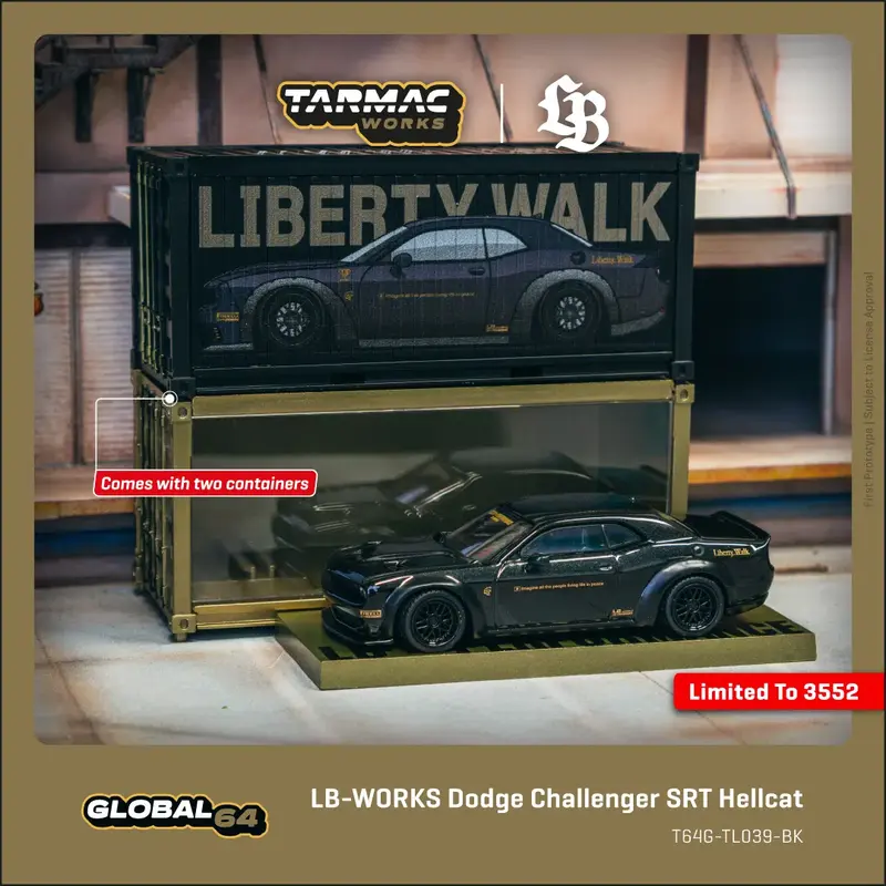 Tarmac Works - LB-WORKS Dodge Challenger SRT Hellcat Black Metallic with 2 containers - GLOBAL64 - Scala 1/64 T64G-TL039-BK