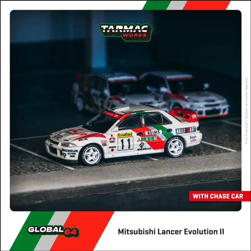 Tarmac Works - Mitsubishi Lancer Evolution II Rallye Monte-Carlo 1995 T. Mäkinen / S. Harjanne - GLOBAL64 - Scala 1/64 T64G-049-95MCR11