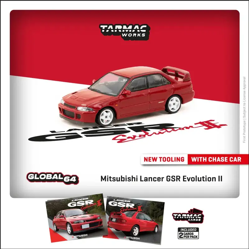 Tarmac Works - Mitsubishi Lancer GSR Evolution II Red Model Car + Trading Cards Combo Set - GLOBAL64 - Scala 1/64 T64G-049-RE