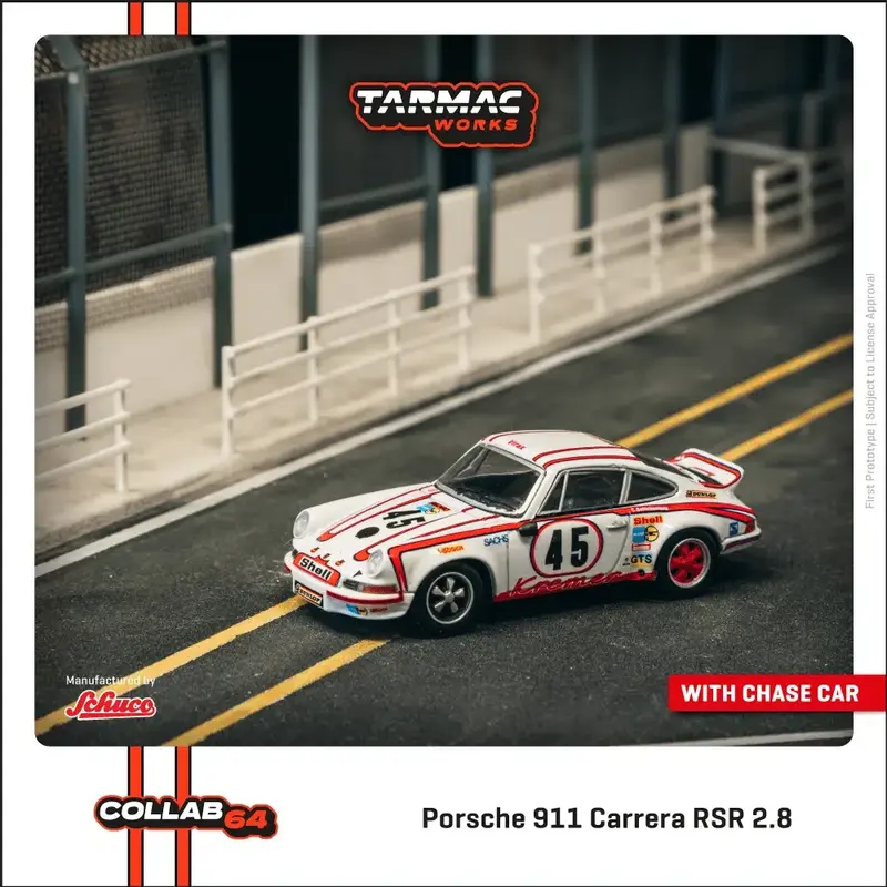 Tarmac Works x Schuco - Porsche 911 Carrera RSR 2.8 #45 24h Le mans 1973 Winner - COLLAB64 - Scala 1/64 T64S-023-73LM45