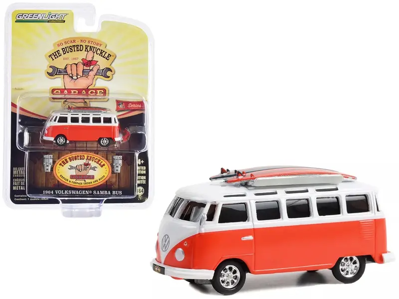 Volkswagen Samba Bus 1964 Orange White with Surfboards - Greenlight - Scala 1/64